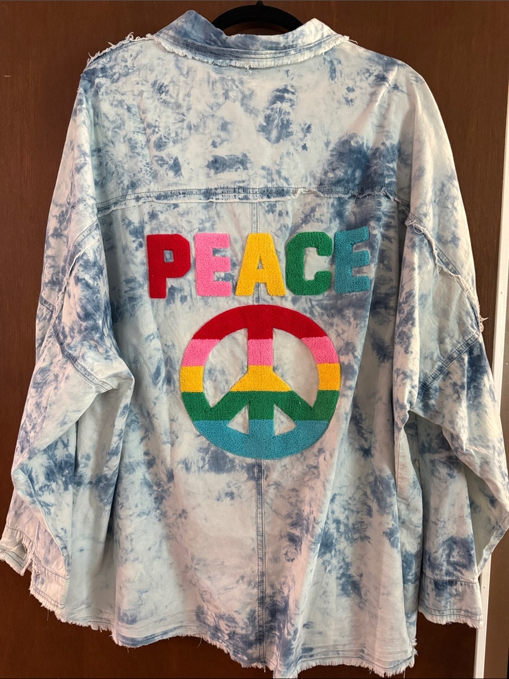 Tie-Dye Denim Shirt with Rainbow 'PEACE' Patch